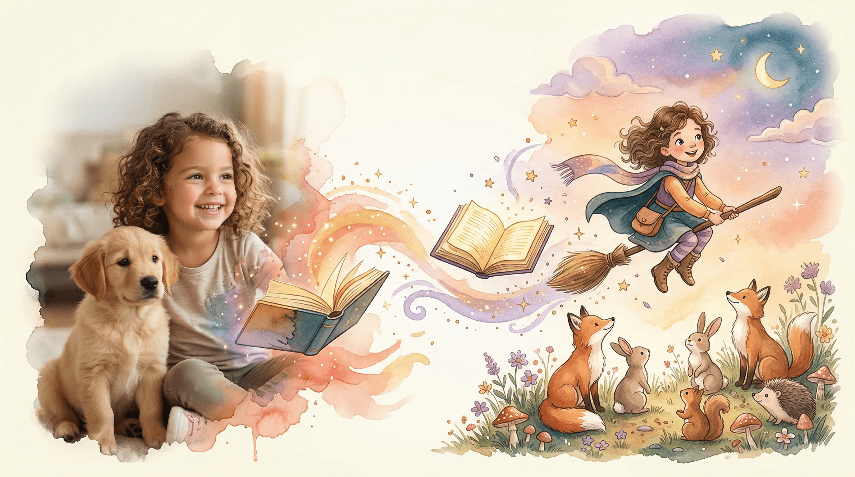 Couverture d'un livre pour enfants montrant des personnages magiques et des illustrations créées avec StoryPic AI