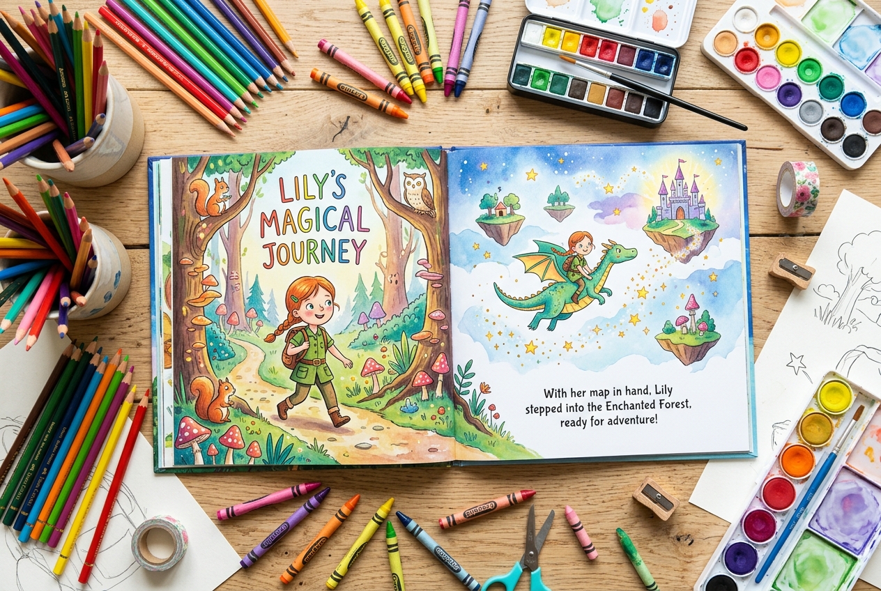 Family portrait illustration showing parents and children as cartoon characters in a storybook style