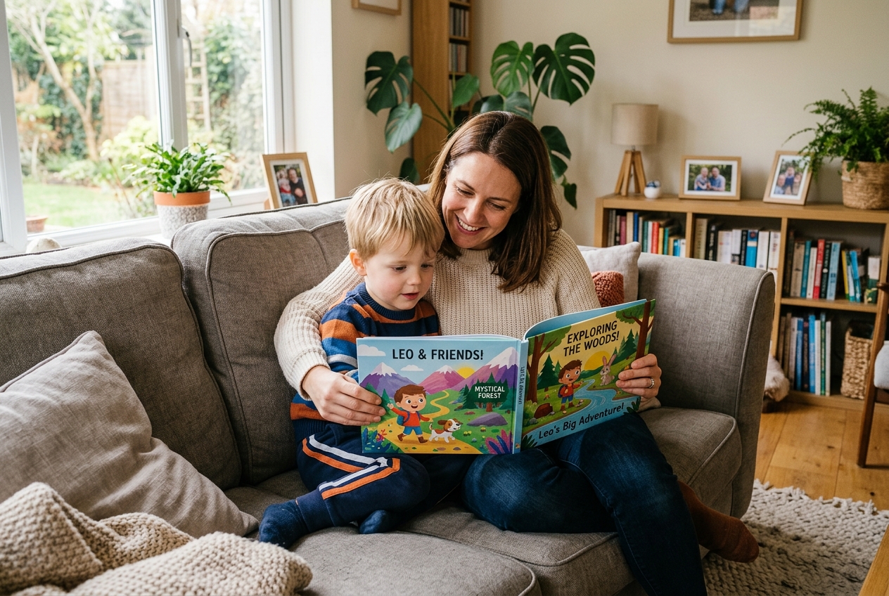 Colorful illustrated children's book pages with cartoon characters in an adventure scene