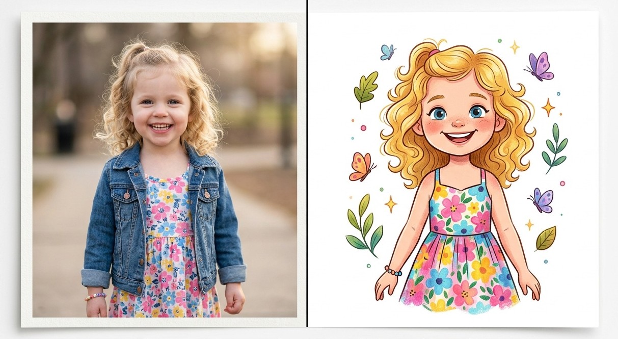 Cartoon illustration of children as storybook characters in a colorful adventure scene